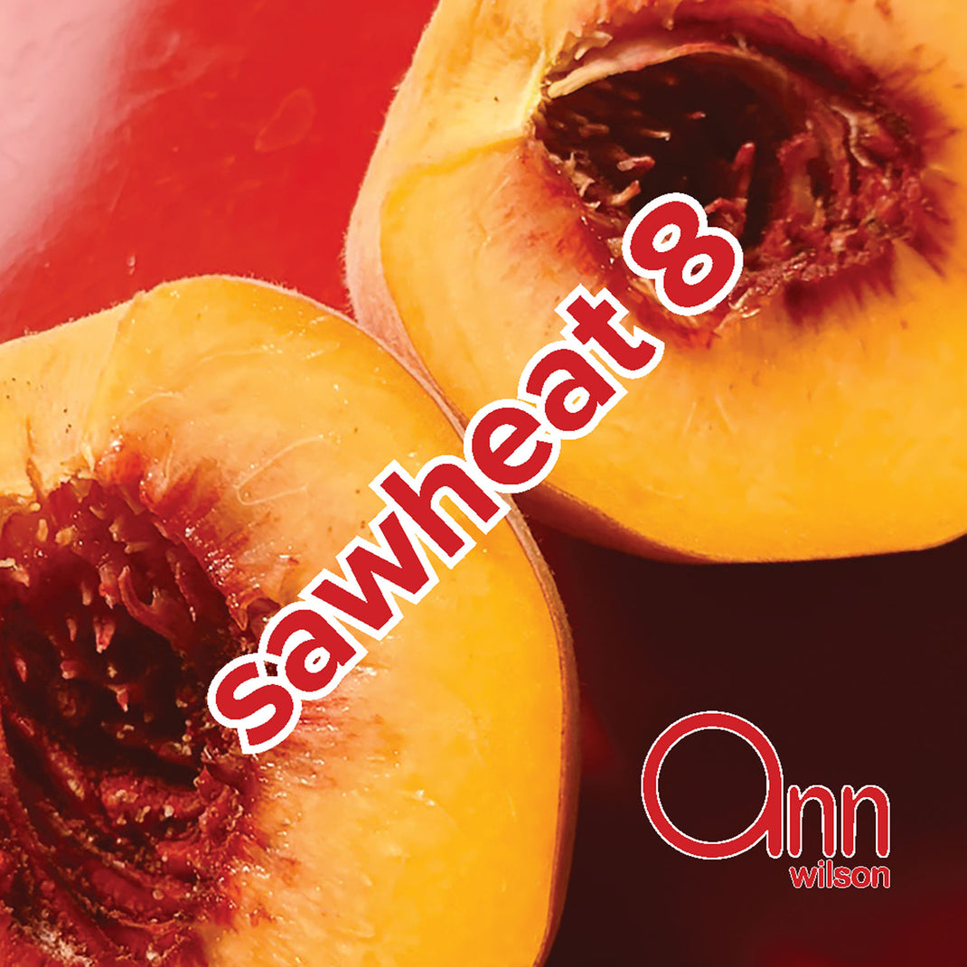 Two sliced peaches with a visible core on a red background, featuring the text 'Sawheat 8' and 'Ann Wilson'.